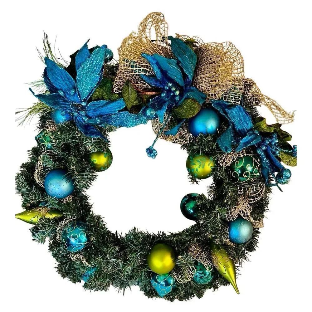 Teal, Lime, Green Bauble Wreath: Azure Poinsettias, Holiday Front Door Decor - Picture 2 of 4